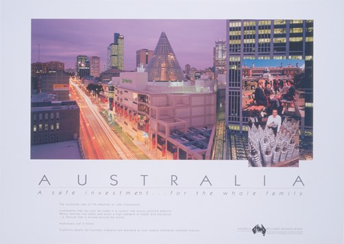 Poster - "Australia: a safe investment for the whole family", featuring a collage of Melbourne city scenes