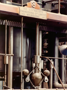 Detail of governor and builder's plate on Austral Otis Steam Engine