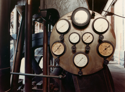 Detail of gauge board on Austral Otis steam engine