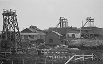 Poppet heads and buildings of the state mine at Wonthaggi. The number 9 and 10 shafts are shown.