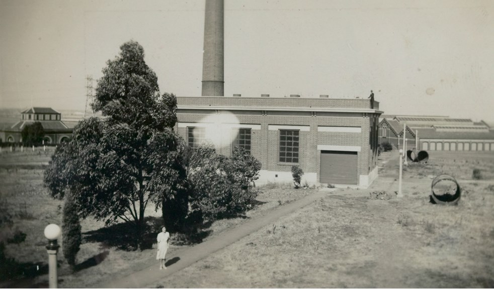 View of the Valve House and Spotswood Pumping Station, taken from the balcony of the residence, circa 1940.
