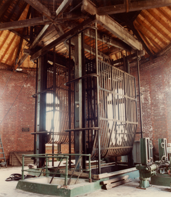 Straining cages and head frame, North Straining House, Spotswood Pumping Station, circa 1982.
