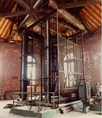Straining cages and head frame, North Straining House, Spotswood Pumping Station, circa 1982.