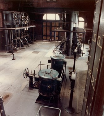 Well No. 10 electric pump motors and Austral Otis steam engines, North Engine Room, Spotswood Pumping Station, circa 1978.