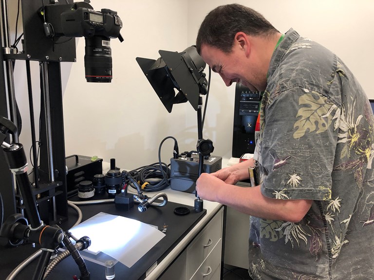 Entomologist Simon Hinkley preparing specimen for digitisation, March 2019.