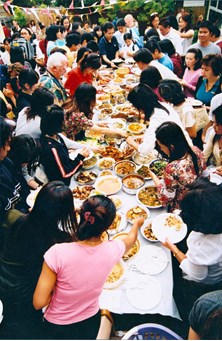 Aerial view of a long banquet table