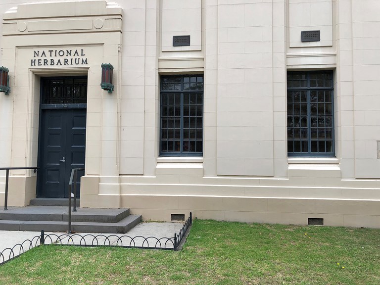 Entrance to the National Herbarium of Victoria Art Deco building.
