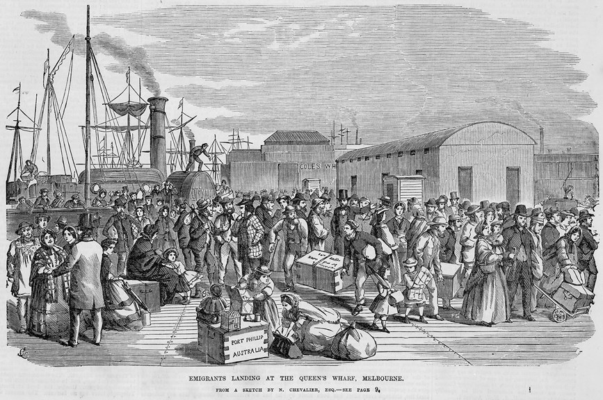 Emigrants landing at the Queen's Wharf, Melbourne; ships, dock buildings,baggage, goods, migrants in Victorian dress.