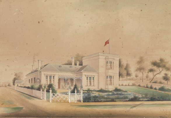 Watercolour entitled 'Emmarine', Glen Huntly Road, Caulfield, by William Tibbits, 1875