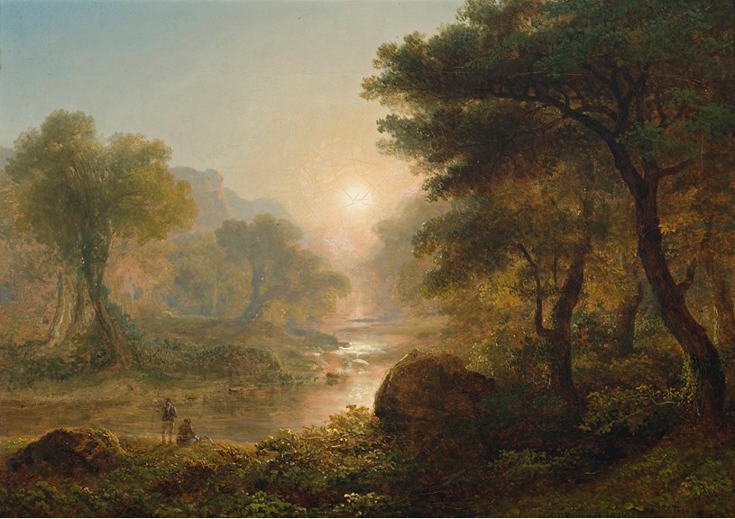 Oil painting by the Irish artist James Arthur O'Connor (1792-1841) depicting two fisherman by the wooded banks of a stream at sunset.