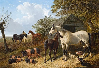 Oil painting by the English artist John Frederick Herring Jr. (1815-1907) titled 'Farmyard Scene', depicting horses, pigs and ducks standing in a rural landscape near a wooden and thatch barn situated at the edge of a wood.