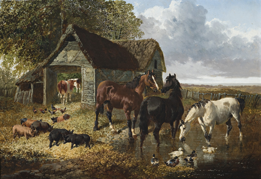 Oil painting by the English artist John Frederick Herring Jr. titled 'Farmyard Scene', depicting horses, pigs and ducks standing in a rural landscape near a wooden and thatch barn situated at the edge of a wood.