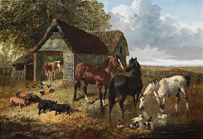 Oil painting by the English artist John Frederick Herring Jr. titled 'Farmyard Scene', depicting horses, pigs and ducks standing in a rural landscape near a wooden and thatch barn situated at the edge of a wood.
