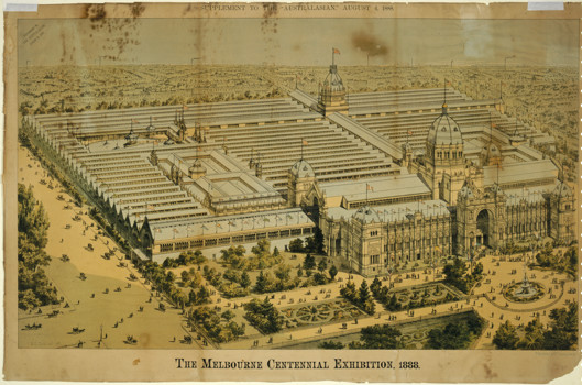 Aerial view of the Royal Exhibition Building and Carlton Gardens, titled 'The Melbourne Centennial Exhibition, 1888', produced as a supplement to the Australasian newspaper on 4 August 1888 by Troedel & Company, lithographers and printers.