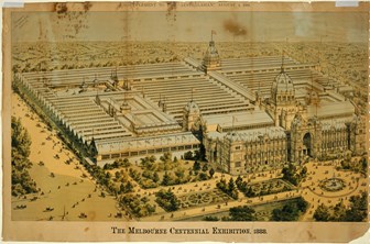 Aerial view of the Royal Exhibition Building and Carlton Gardens, titled 'The Melbourne Centennial Exhibition, 1888', produced as a supplement to the Australasian newspaper on 4 August 1888 by Troedel & Company, lithographers and printers.