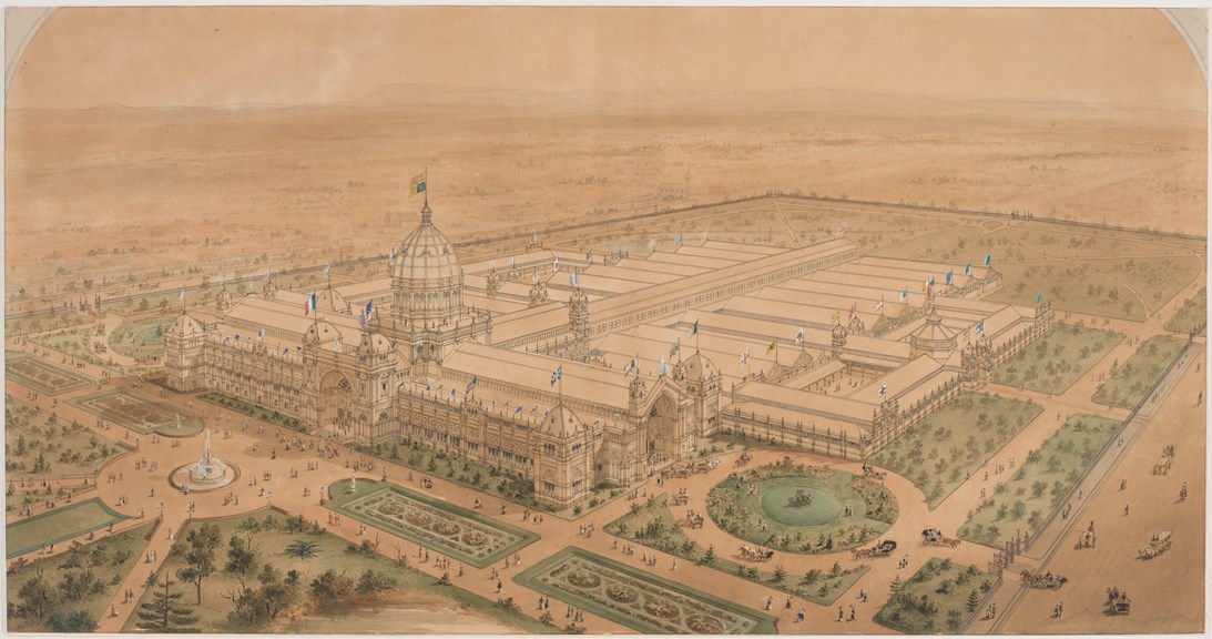 Watercolour of Melbourne Royal Exhibition Building with fountain, flags and crowds arriving, 1880. Viewed from the South East, showing the Main Hall, Eastern Annexe and Temporary Central Pavilions from Nicholson Street. Architect - Reed & Barnes, Builder - David Mitchell.