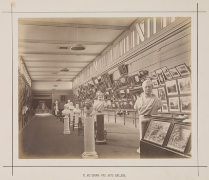 View of the Fine Art Gallery display in the Victorian Court, on the northern wall of the western nave in the Great Hall at the 1880 Melbourne International Exhibition held at the Exhibition Buildings, Carlton Gardens, between 1 October 1880 and 30 April 1881. Caption reads: 10. Victorian Fine Arts Gallery.