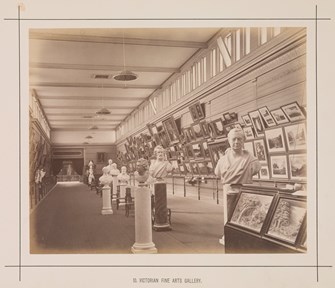 View of the Fine Art Gallery display in the Victorian Court, on the northern wall of the western nave in the Great Hall at the 1880 Melbourne International Exhibition held at the Exhibition Buildings, Carlton Gardens, between 1 October 1880 and 30 April 1881. Caption reads: 10. Victorian Fine Arts Gallery.