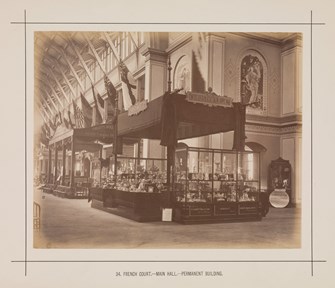 Interior view of the French display in the Royal Exhibition Building during the Melbourne International Exhibition of 1880. Caption reads: 34. French Court.- Main Hall.- Permanent Building.