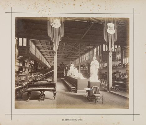 Interior view of the German Piano display in the Royal Exhibition Building during the Melbourne International Exhibition of 1880. Caption reads: 59. German Piano Court.