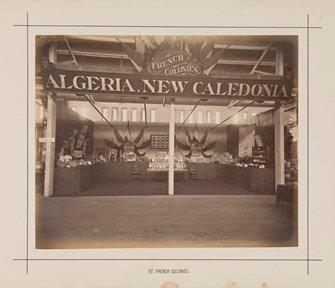 Interior view of the French Colonies display for Algeria and New Caledonia in the Royal Exhibition Building during the Melbourne International Exhibition of 1880. Caption reads: 57. French Colonies