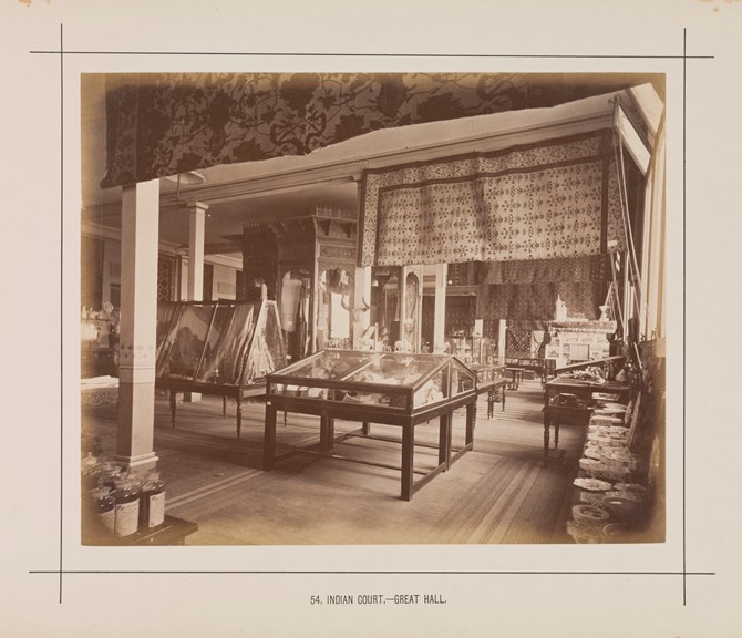 Interior view of the Indian display in the Royal Exhibition Building during the Melbourne International Exhibition of 1880. Caption reads: 54. Indian Court.- Great Hall.