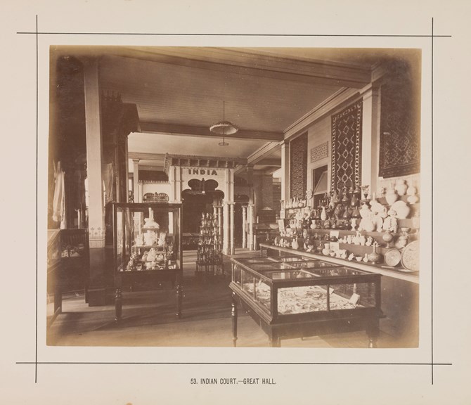 Interior view of the Great Hall in the Royal Exhibition Building showing the Indian display during the Melbourne International Exhibition of 1880. Caption reads: 53. Indian Court.- Great Hall.