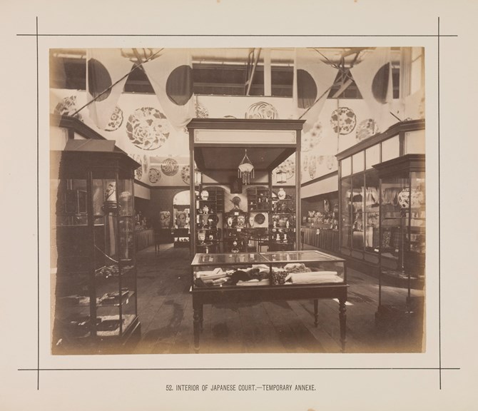 Interior view of a temporary annexe in the Royal Exhibition Building showing the Japanese display during the Melbourne International Exhibition of 1880. Caption reads: 52. Interior of Japanese Court.- Temporary Annexe.