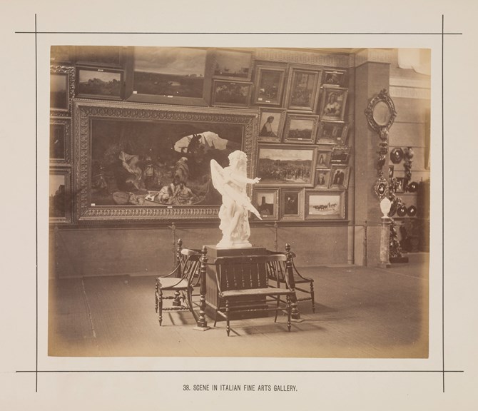 Interior of the Italian Fine Arts Gallery in the Royal Exhibition Building during the Melbourne International Exhibition of 1880. Caption reads: Scene in Italian Fine Arts Gallery.