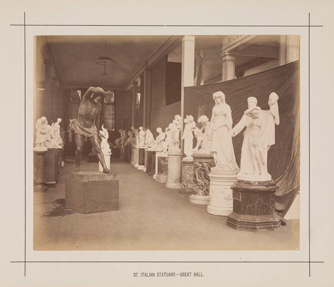 Interior view of the Great Hall of the Royal Exhibition Building showing the Italian Statuary display during the Melbourne International Exhibition of 1880. Caption reads: 37. Italian Statuary.- Great Hall.