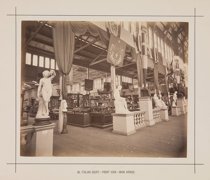 Interior view of the Italian Display in the Royal Exhibition Building during the Melbourne International Exhibition of 1880. Caption reads: 36. Italian Court.- Front View.- Main Avenue