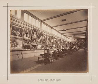 Interior view of the French Fine Arts display in the Royal Exhibition Building during the Melbourne International Exhibition of 1880. Caption reads: French Court.- Fine Arts Gallery