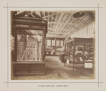 Interior view of a temporary annexe to the Royal Exhibition Building showing the French display during the Melbourne International Exhibition of 1880. Caption reads: 33. View in French Court.- Temporary Annexe