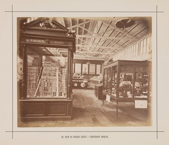 Interior view of a temporary annexe to the Royal Exhibition Building showing the French display during the Melbourne International Exhibition of 1880. Caption reads: 33. View in French Court.- Temporary Annexe