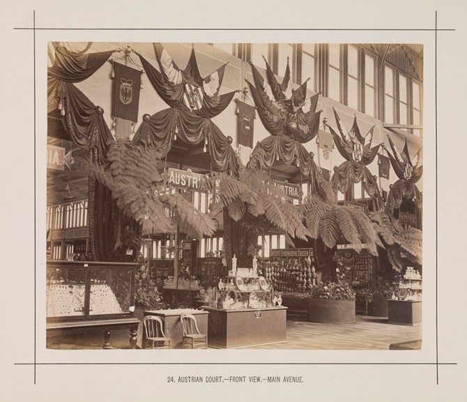 Interior view of the Austrian display in the Royal Exhibition Building during the Melbourne International Exhibition of 1880. Caption reads: 24. Austrian Court.- Front View.- Main Avenue