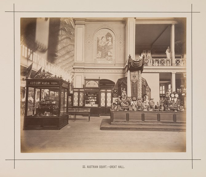 Interior view of the Great Hall of the Royal Exhibition Building showing the Austrian display in the Melbourne International Exhibition of 1880. Caption reads: 22. Austrian Court.- Great Hall