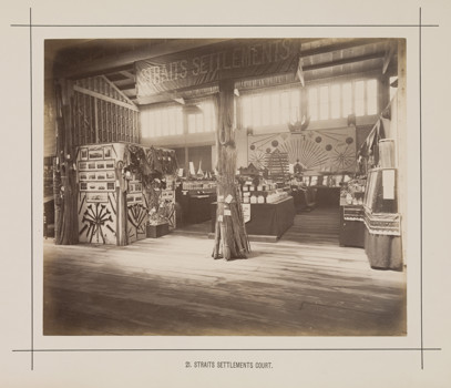 Interior view of the Straits Settlements display in the Royal Exhibition Building during the Melbourne International Exhibition of 1880. Caption reads: 21. Straits Settlements Court.