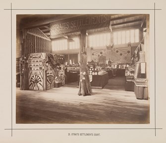 Interior view of the Straits Settlements display in the Royal Exhibition Building during the Melbourne International Exhibition of 1880. Caption reads: 21. Straits Settlements Court.