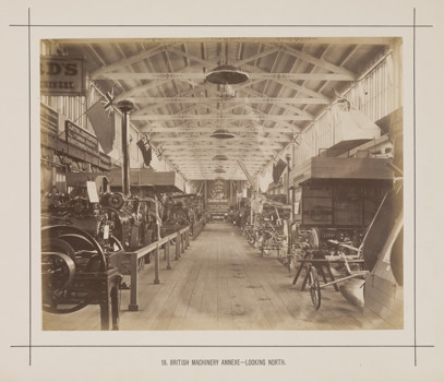 Interior view of the British Machinery Display in an annexe of the Royal Exhibition Building during the Melbourne Internation Exhibition of 1880. Caption reads: British Machine Annexe.- Looking South