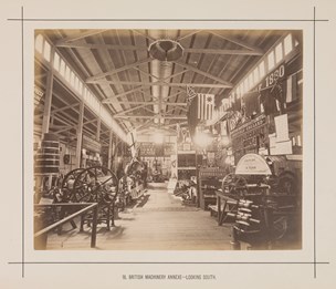 Interior of an annexe to the Royal Exhibition Building showing the British Machinery display during the Melbourne International Exhibition of 1880. Caption reads: British Machinery Annexe.- Looking South