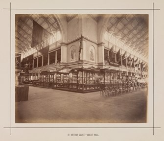 Interior view of the Great Hall of the Royal Exhibition Building showing the British Court display during the Melbourne International Exhibition of 1880. Caption reads: 17. British Court.- Great Hall.