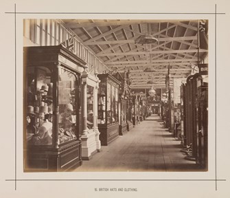 British hats and clothing display in the Royal Exhibition Building during the Melbourne International Exhibition of 1880. Caption reads: 16. British hats and clothing.