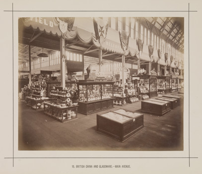 British China and Glassware display in the Royal Exhibition Building during the Melbourne International Exhibition of 1880. Caption reads: 15. British China and Glassware.- Main Avenue