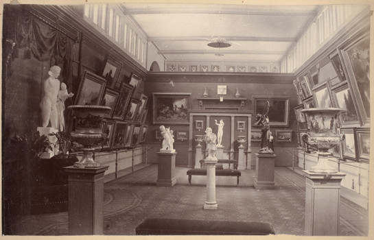 International Exhibition, Melbourne, 1880. Interior view of the Exhibition Building showing the German Fine Arts Gallery in the southern balcony of the western nave in the Great Hall.