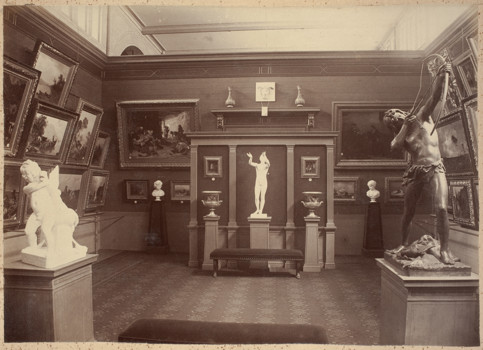 International Exhibition, Melbourne, 1880. Interior view of the Exhibition Building showing the German Fine Arts Gallery in the southern balcony of the western nave in the Great Hall.