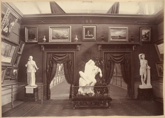 International Exhibition, Melbourne, 1880. Interior view of the Exhibition Building showing the German Fine Arts Gallery in the southern balcony of the western nave in the Great Hall.