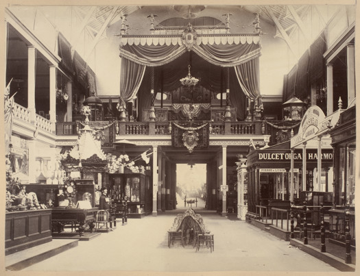 View of the German Imperial Tent on the balcony of the north transept of the Great Hall of the permanent Exhibition Building at the 1880 Melbourne International Exhibition held at the Exhibition Buildings, Carlton Gardens, between 1 October 1880 and 30 April 1881.