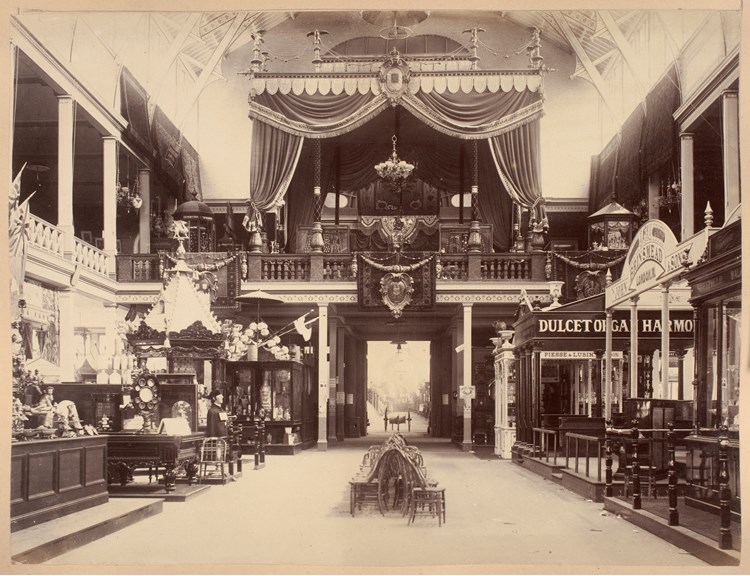 View of the German Imperial Tent on the balcony of the north transept of the Great Hall of the permanent Exhibition Building at the 1880 Melbourne International Exhibition held at the Exhibition Buildings, Carlton Gardens, between 1 October 1880 and 30 April 1881.