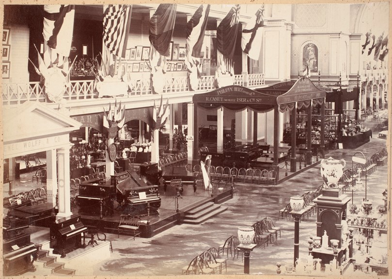 International Exhibition, Melbourne, 1880. Interior view of the Exhibition Building showing the French decorative arts and pianos in the Great Hall.