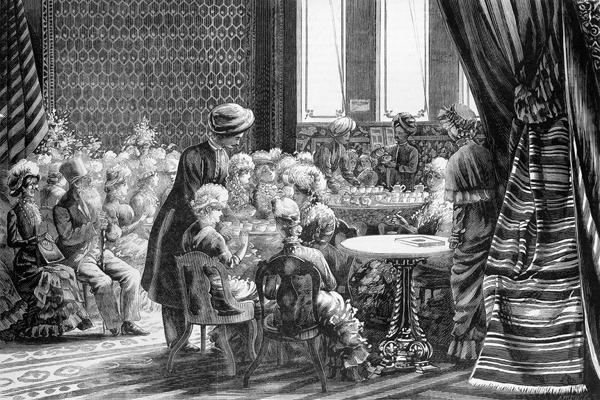 Interior of tea room, at the Melbourne International Exhibition, Published in the Illustrated Australian News, 4 December 1880.